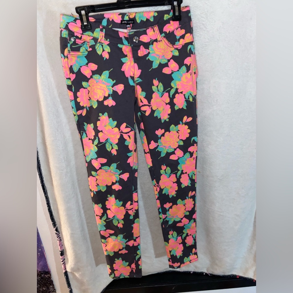 Neon floral print skinny jeans
